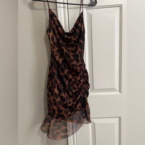 Brown leopard print woven bodycon dress.